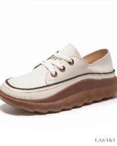 Lasaky - Stylish Lace-up Platform Sneakers for Women, Providing Optimal Comfort with Thick Soles Cream Sneakers With Stitched Sole And Round Toe, Slip-on Sneakers With Stitched Sole And Round Toe, White Lace-up Shoes With Stitched Sole, Casual White Lace-up Shoes With Stitched Sole, Casual Cream Lace-up Shoes With Round Toe, White Round Toe Lace-up Shoes With Platform, Beige Low-top Walking Shoes With Rubber Sole, Beige Closed Toe Sneakers With Rubber Sole, Comfortable Flat Platform Sneakers