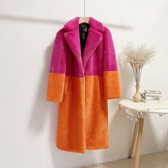 Faux Fur Coats For Women Turndown Collar Long Sleeves Casual Two Tone Stretch V Neck White Long Coat - rose+orange / S - Faux Fur Coat Dik Vest, Mink Faux Fur Coat, Long Fur Coat, Rabbit Fur Coat, Long Faux Fur Coat, Winter Fur Coats, Plush Coat, Loose Coats, Mink Fur Coat