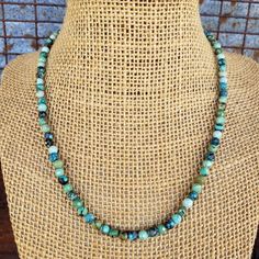 "Cute and trendy! Genuine, excellent quality, 5mm round faceted natural Dragon Skin turquoise and sterling silver necklace. NOT dyed or treated in any way - I guarantee it. 5mm micro faceted turquoise - considered SMALL size beads All lengths come with 2\" extender. If you DO NOT want extender, add note at checkout. EXAMPLE: 15\" + 2\" extender = 17\" total length to LAST LINK of extender chain NOTE: Even though I may have several available, they are all basically the same but natural colors can Artisan Turquoise Necklace With Faceted Beads, Adjustable Faceted Turquoise Necklace, Turquoise Necklaces With Faceted Beads, Turquoise Necklace With Natural Stones For Healing, Turquoise Emerald Necklace With Round Natural Stones, Turquoise Necklace With Round Chrysocolla Beads, Healing Turquoise Faceted Jewelry, Turquoise Necklace With Round Gemstone Beads, Turquoise Necklace With Chrysocolla Gemstone Beads