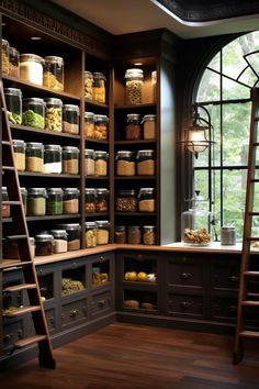 the pantry is full of many different types of food and spices in glass jars on shelves