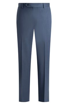 Smart and versatile, these dress pants tailored from Italian wool feature traditional detailing from the regular rise in the waist to the classic flat-front construction. Zip fly with button-tab closure Front slant pockets; back button-welt pockets Partially lined Unhemmed 100% wool Dry clean Made in Canada Elegant Flat Front Dress Pants In Suiting Fabric, Elegant Suiting Fabric Dress Pants With Flat Front, Blue Tailored Flat Front Dress Pants, Tailored Blue Dress Pants With Flat Front, Blue Business Dress Pants With Welt Pockets, Formal Wide Leg Pants With Hidden Button Closure, Blue Dress Pants With Welt Pockets For Business, Blue Formal Trousers Suit, Blue Business Bottoms With Pressed Crease