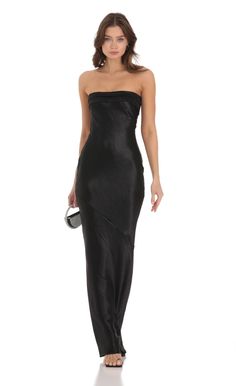 Strapless Satin Open Back Dress in Black | LUCY IN THE SKY Satin Open Back Dress, Open Back Maxi Dress, Satin Dress Long, Black Silk Dress, Silk Dress Long, Black Strapless Dress, Lucy In The Sky, Black Satin Dress, Black Prom Dress