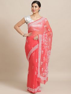 "Find more items of ADA:- https://www.etsy.com/in-en/shop/AdachikanStudio SKU: A204484 Fabric: Faux Georgette Length of the Saree: 5.50 meter Blouse Fabric: 1 meter Color: Carrot Pink Embroidery: Bakhiya , Keelkangan and Jaali Thread: White Cotton Touch and Feel: Soft and Comfortable Silhouette: Feel elegant with Ada Chikankari saree. The alluring Peach Faux Georgette saree weaved with white cotton thread. The fabric is lightweight and soft, best for any season use. Disclaimer: Blouse Shown for Festival Pre-draped Saree With Chikankari Embroidery, Fitted Saree With Chikankari Embroidery For Diwali, Party Georgette Saree For Transitional Season, Georgette Traditional Wear For Navratri Celebration, Festive Pre-draped Saree With Zari Work For Celebration, Eid Celebration Pre-draped Saree With Resham Embroidery, Celebration Georgette Blouse Piece With Self Design, Celebration Blouse Piece In Georgette With Self Design, Festival Chikankari Embroidery Traditional Drape Saree