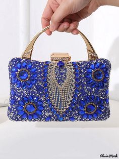 Olivia Mark - Exquisite Rhinestone-Adorned Floral Clutch: Elegant Beaded Handbag for Party Affairs Blue Rhinestone Evening Bag For Weddings, Blue Beaded Evening Bag For Party, Blue Evening Bag With Rhinestones, Blue Beaded Evening Bag For Formal Occasions, Glamorous Blue Bags With Rhinestones, Glamorous Blue Formal Bag, Blue Rhinestone Evening Bag, Blue Rhinestone Evening Bag For Party, Blue Embellished Evening Bag For Formal Occasions