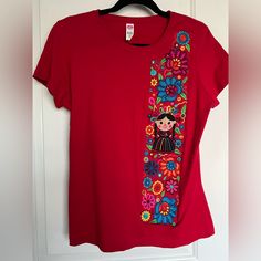 Mexican Motif Embroidered Appliqu New Without Tags ***Junior Size Runs Smaller Than Average. Size L Both Are Juniors Color Red T Shirt Nwot Never Been Worn Box 5 Red T Shirt, Red T, Red Tshirt, Red Shirt, Shirt Color, Lady In Red, Red Color, Colorful Shirts, Womens Tops