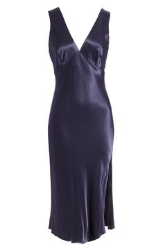 You'll make a stunning statement stepping out in this slinky satin dress fashioned with a deep V-neck, asymmetric hem and an alluring side slit. 32" - 51" length (size medium) V-neck Sleeveless 55% rayon, 45% viscose Dry clean Imported Indigo Dress, Blue Satin Dress, Satin Midi Dress, Stepping Out, Blue Satin, Satin Dress, Night Outfits, Nordstrom Dresses, Asymmetric Hem