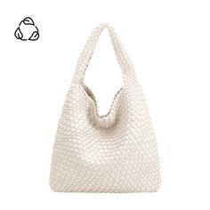 A large off white woven vegan leather shoulder bag with a zip pouch inside Eco-friendly Hobo Bag With Leather Handles, Modern Recyclable Bags For Everyday Use, Modern Everyday Recyclable Bags, Eco-friendly Shoulder Bag With Leather Handles, Eco-friendly Everyday Bucket Bag With Top Handle, Modern Recyclable Tote Bag, Modern Recyclable Shoulder Bag For Shopping, Eco-friendly Recyclable Shoulder Bag With Double Handle, Beige Recyclable Bags For Daily Use