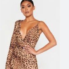 Leopard Print Asymmetric Drape Slip Bodycon Dress Nwt In 6 Size Brown V-neck Mini Dress For Party, Leopard Print V-neck Mini Dress For Party, Chic Leopard Print Mini Dress For Date Night, Chic Leopard Print Dresses For Night Out, Chic Leopard Print Midi Dress For Party, Chic Leopard Print Party Midi Dress, Chic Leopard Print Mini Dress For Brunch, Chic Leopard Print Party Dress, Brown V-neck Midi Dress For Parties