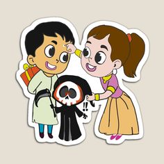 two children are touching each other's face with a skeleton sticker on the back