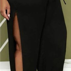 Brand New Plus Comfortable Drawstring Waist Split Hem Pants. Casual Solid Bottoms With Side Slits, Black Wide Leg Pants With Tie Waist, Black Wide-leg Pants With Tie Waist, Black Split Bottoms For Night Out, Chic Black Drawstring Pants, Chic Black Pants With Drawstring, Chic Solid Color Bottoms With Split Design, Black Bottoms With Side Slits For Summer, Casual Pants With Side Slits