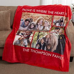 a red blanket with pictures of people on it and the words home is where the heart is