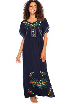 VIBRANT CUSTOM FLORAL EMBROIDERY and a loose flowy fit make this beautiful boho inspired black Mexican maxi dress the perfect long summer kaftan or beach dress COOL AND COMFORTABLE with side slits for ease of moment, the slimming A-line is design is great for everyday wear. Or dress it up for a dazzling night out. Short sleeves have feminine scalloped edges 100% RAYON. With a soft, silky feel, rayon is a natural fiber that lets skin breathe. This beach dress is moisture absorbent and dries quick Traditional Boho Maxi Dress, Traditional Flowy Boho Maxi Dress, Traditional Flowy Maxi Boho Dress, Summer Embroidered Beachwear Maxi Dress, Embroidered Beachwear Maxi Dress For Summer, Summer Beachwear Embroidered Maxi Dress, Summer Embroidered Short Sleeve Maxi Dress, Summer Embroidered Maxi Dress With Short Sleeves, Embroidered Short Sleeve Maxi Dress For Summer