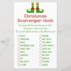 a christmas scavenger hunt is shown on a white card with green and red stockings