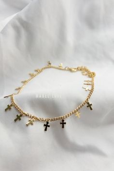 Elegant Gold Cross Bracelet This luxurious Multiple Cross Bracelet boasts a sophisticated design. Gold Plated Non Tarnish. Cross Choker For Party, Cross Choker, Y2k Necklace, Summer Fashion Accessories, Pastel Goth Fashion, Gold Anklet, Love And Co, Necklace Craft, Belly Chain