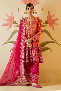 Shop for these amazing collections of Orange Satin Silk Embroidered Floral Notched Mirror Anarkali Set For Women by Angad Singh online at Aza Fashions. Orange Anarkali, Floral Anarkali, Orange Satin, Embroidered Pants, Indian Clothing, Suit Designs, Satin Silk, Hand Work, Ribbon Embroidery