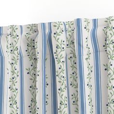 blue and white striped curtains with green leaves on them