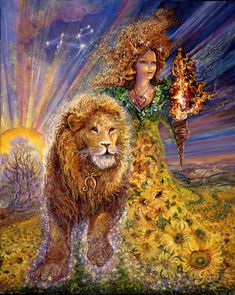 a painting of a woman with a lion in front of her and the sun behind her