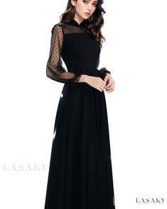 Lasaky - Sophisticated Black Long-Sleeve Evening Dress for Hosting Events Fitted Black Maxi Dress With Mesh Sleeves, Black Maxi Dress With Mesh Sleeves, Elegant Midi Dress With Mesh Sleeves, Black Maxi Dress For Banquet, Long Sleeve Fall Evening Midi Dress, Black Maxi Dress For Fall Party, Black Maxi Dress With Mesh Sleeves For Party, Fall Long Sleeve Evening Midi Dress, Fall Evening Midi Dress With Long Sleeves