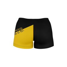 a pair of yellow and black shorts with the word star wars on it's side