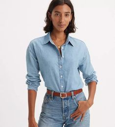 Odessa Long Sleeve Shirt - Light Wash | Levi's® US Levis Shirt Outfit Women, Classic Button-up Tops For Daywear, Classic Everyday Tops With Button Closure, Timeless Relaxed Fit Shirt For Spring, Timeless Spring Button-up Shirt, Classic Tops With Rolled Sleeves In Relaxed Fit, Classic Shirt With Shirttail Hem For Fall, Classic Button-up Tops For Everyday, Everyday Relaxed Fit Button-up Shirt