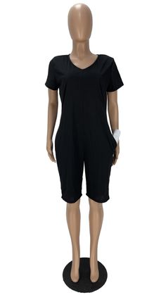 Hot List High Quality Plus Size Solid Simple V-neck Short Sleeve Pocket Sportwear Womens Romper Casual V-neck Jumpsuits And Rompers In Solid Color, Solid Color V-neck Jumpsuit For Loungewear, Black V-neck Jumpsuits And Rompers With Pockets, Black V-neck Jumpsuit With Pockets, Womens Romper, Rompers Women, 1 Million, Rompers, Plus Size