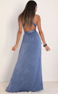 Samara Satin Maxi Dress in Palace Blue | Lucy in the Sky Blue Floor-length Maxi Dress For Summer, Maxi Length Tie Back Dress For Night Out, Flowy Floor-length Dress For Date Night, Flowy Tie Back Maxi Dress For Party, Flowy Tie-back Maxi Dress For Party, Flowy Maxi Dress With Tie Back For Party, Chic Tie-back Maxi Dress For Prom, Blue V-neck Maxi Dress With Tie Back, Chic Prom Maxi Dress With Tie Back