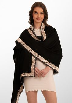 This classic black scarf is woven from a luxurios wool and silk blend. It features a striking multi-color embroidery appliquŽ border that is further enveloped with a fine black lace detailing. The embroidery adds a touch of sophistication whilst the exquisite lace detailing makes this scarf a must-have accessory for the fashion-forward individual. Wrap yourself in style and make a bold fashion statement with this versatile scarf that seamlessly blends warmth with artistic flair. Shadi Outfits, Multicolor Embroidery, Color Embroidery, Black Scarf, Lace Border, Embroidery Applique, Bold Fashion, Blouse Dress, Black Wool