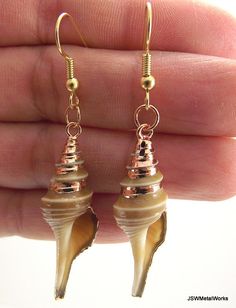 Gold Turrid Shell Earrings Beach Jewelry Gold by JSWMetalWorks Gold Drop Earrings For Vacation, Shell-shaped Gold Shell Earrings, Gold Shell-shaped Shell Earrings, Gold Shell Earrings For Vacation, Gold Shell-shaped Earrings, Gold Dangle Earrings For Beach Season, Beachy Gold Dangle Earrings, Gold Shell As Beach Season Gift, Gold Shell For Beach Season Gift