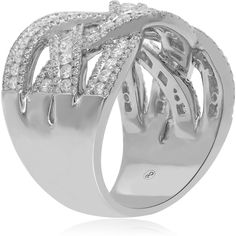 Luxuriate in the captivating embrace of our Diamond Multi-Row Crossover Ring from the renowned Roman & Jules collection. This exquisite piece is a testament to the artistry of fine jewelry, a graceful dance of elegance and sophistication. Picture yourself adorned in the allure of white gold, as interwoven ribbons adorned with round diamonds (2 CTW) create a mesmerizing spectacle, twisting and swirling into a magical design that demands attention.As the light catches each diamond, the ring become White Diamond Rings With Elegant Design, Silver Rings With Pave Setting For Evening, Diamond White Rings With Pave Setting For Evening, Elegant Evening Rings With Pave Setting, Elegant Diamond Ring With Vvs Clarity For Evenings, Elegant Evening Ring With Pave Setting, Platinum Diamond Cut Rings For Evening, White Gold Bypass Ring With Polished Finish For Wedding, Elegant Pave Setting Bypass Ring For Anniversary