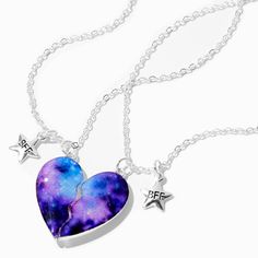 Your friendship with your bestie is out of this world! Share that bond in matching style with this pair of best friends necklaces. You can each wear one-half of a galaxy-inspired heart, decorated with starry glitter, plus a dainty BFF star charm. Pack Size: 2 Finish: Silver-tone Length: 16" + 3" extender Closure: Lobster clasp Material: Metal - Claire's Best Friends Galaxy Split Heart Pendant Necklaces (2 Pack) Trendy Friendship Necklace For Valentine's Day, Best Friends Necklaces, Bff Jewelry, Bff Bracelets, Pretty Jewelry Necklaces, Bff Necklaces, Friend Jewelry, Sister Jewelry, Best Friend Jewelry