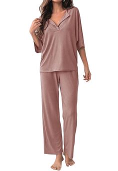 PRICES MAY VARY. COZY FABRIC: 28% Rayon+65% Polyester+7% Spandex, lightweight, comfy, and stretchy ribbed knit fabric. This Pajamas sets with soft elastic and loose designs fits for any body size TRENDY DESIGN: 2 Piece Pajama Sets for Women/Lounge Sets for Women/3/4 Sleeve Tops for Women/Wide Leg Pants for Women/Matching Sets for Women/Loungewear Sets for Women/Pants Sets for Women/Summer Clothes Sets for Women/Ribbed Outfits for Women/Going Out Outfits for Women CHIC DETAILS: This Lounge sets f Cheap Matching Set Bottoms For Loungewear, Cheap Yellow Sleepwear For Loungewear, Affordable Crop Top For Loungewear, Cheap Women's Loungewear Bodysuit, Cheap Women's Loungewear Pant Set, Cheap Loungewear Bottoms With Side Pockets, Cheap Loungewear Sets With Pockets, Cheap Loungewear Short Leg Pants, Affordable Stretch Bodysuit For Loungewear