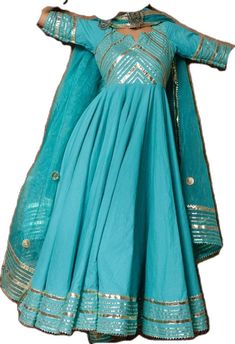 Designer Blue Anarkali Set With Gota Work, Blue Bollywood Anarkali Set With Gota Work, Blue Anarkali Set With Resham Embroidery For Navratri, Blue Resham Embroidered Anarkali Set For Navratri, Blue Anarkali Set With Gota Work For Diwali, Festive Blue Chanderi Anarkali Set, Festive Blue Anarkali Set With Gota Work, Unstitched Maxi Length Traditional Wear With Gota Work, Festive Blue Anarkali Set