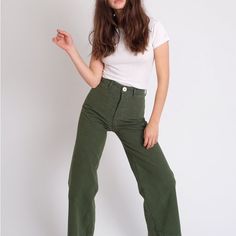 Organic Cotton Sailor Pants, Small Imperfection On Rear (Pictured) Green Wide Leg Pants With Five Pockets, Green High Waist Pants With Five Pockets, High Waist Green Pants With Five Pockets, High-waisted Green Pants With Five Pockets, Green Wide-leg Jeans For Workwear, Green Wide-leg Workwear Jeans, Green Work Pants With Five Pockets, Green Workwear Pants With Five Pockets, Green High-waisted Jeans For Work