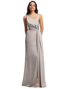 One-shoulder Draped Skirt Satin Trumpet Bridesmaid Dress In Taupe | The Dessy Group Cocktail Dress One Shoulder, One-shoulder Gown With Ruched Bodice Pre-draped, Pre-draped One Shoulder Evening Dress With Sweep Train, Evening Gown With Asymmetrical Neckline And Bias Cut, Pre-draped Floor-length One Shoulder Dress, Elegant Satin One Shoulder Dress With Sweep Train, Fitted One-shoulder Gown With Satin Finish, One-shoulder Gown With Satin Finish, One-shoulder Bias Cut Gown