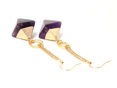 Amethyst Pendant Gold Dangle Statement Earrings Gold Plated Drop Earrings With Gemstone Accents, Gold Amethyst Earrings For Parties, Gold Plated Earrings With Gemstone Accents, Luxury Gold Amethyst Earrings, Gold Plated Earrings With Gemstone Accents As Gift, Party Amethyst Drop Earrings, Party Drop Earrings With Amethyst, Gold Amethyst Long Drop Earrings, Modern Amethyst Gemstone Earrings