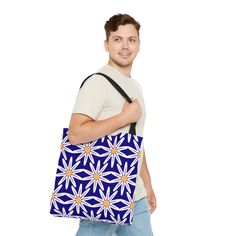 This practical, high-quality Tote Bag is available in three sizes. All-over print provides comfort with style at the beach or out in town. Made from reliable materials, lasting for seasons. .: 100% Polyester.: Boxed corners.: Black cotton handles.: Black lining.: NB! Size tolerance 0.75" (1.9 cm)) Small Medium Large Height, in 12.99 16.02 17.99 Length, in 12.99 16.02 17.99 Width, in 0.31 0.31 0.31 Handle height, in 11.81 11.81 11.81 Handle width, in 1.00 1.00 1.00 Trendy Large Capacity Blue Canvas Bag, Trendy Blue Tote Bag, Modern Blue Bags As Gifts, Modern Blue Bag For Gifts, Modern Blue Bags For Gifts, Casual Blue Canvas Bag For On-the-go, Light Blue Square Bag For Daily Use, Blue Shoulder Bag For Shopping, Trendy Blue Shopping Bag