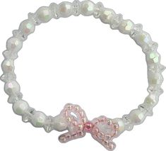 Elegant White Jewelry With Pink Bow, Feminine White Beaded Bracelet, Feminine White Beaded Bracelets, Cute White Jewelry With Ribbon, Feminine White Jewelry With Bow, White Feminine Party Bracelets, White Jewelry With Pink Bow For Party, White Party Jewelry With Pink Bow, Party Jewelry With Pink Bow In White