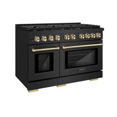 a black stove with two ovens and gold knobs on the front, against a white background