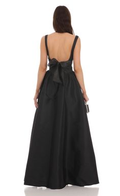 Back Bow Gown in Black Long Winter Dresses, Bow Gown, Formal Ideas, Winter Formal Dresses, Lucy In The Sky, Black Dress Formal, Black Tie Dress, Prom Dress Inspiration, Black Bridesmaid Dresses