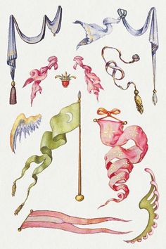 a drawing of various items that are in the shape of an arrow, hat, umbrella and other things