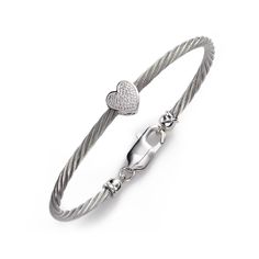 Stainless steel cable provides a stylish contrast to sterling silver set with diamonds. Eight small round diamonds total .02 carat. A bracelet that is sure to be cherished. Lobster clasp with .50 inches adjustable chain Sterling silver, stainless steel 8 small round diamonds total .02 carat Diamond quality: H/I color, SI2 clarity Heart diameter .40 inch Bracelet diameter 2 inches, width .15 inch Length 5.50 inches Lobster clasp closure Made in China Stainless Steel Cable, Flower Girl Gifts, Sterling Silver Heart, Silver Bangles, Bridesmaids Gifts, Heart Bracelet, Diamond Heart, Silver Heart, Sterling Silver Bracelets