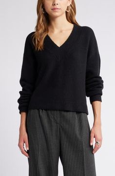 Open Edit V-Neck Sweater | Nordstrom Relaxed Fit Knit V-neck Sweater For Layering, Oversized V-neck Sweater With Ribbed Cuffs, Trendy Relaxed Fit V-neck Sweater, Knit V-neck Sweater With Ribbed Collar For Fall, Winter Relaxed Fit V-neck Sweater, Knit V-neck Sweater With Ribbed Cuffs, Black Cashmere V-neck Top, Cozy V-neck Sweater With Ribbed Cuffs For Spring, V-neck Sweater For Loungewear