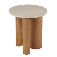 a round wooden table with two legs on the bottom and one leg up against it