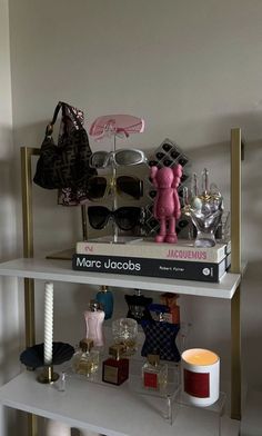 a shelf with many items on it in a room