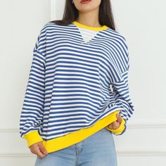 【What Material Do We Use】: We believe in providing the best quality products to our customers. Oversized striped sweatshirt for women is made of high quality cotton blend, super soft, stretchy, breathable and skin-friendly, keeping you comfortable and relaxed all day, suitable for Spring, Summer and Autumn. 【Colorblock Tops Chic Design】: Color block striped sweatshirt for women girls, round neck long sleeve off shoulder t-shirt top, ribbed collar, cuffs and hem, loose fit. Unique stripe and multi-color contrast design gives a fun youthful vibe, y2k is quite on trend for teenage girls. 【Suitable for Most Occasions】: Daily, home, school, shopping, going out, club, night out, holiday, weekend, vacation, office, work, dating, street fashion, etc. It is perfect for. It can also be given as a gi Off Shoulder T Shirt, Striped Sweatshirt, Color Block Shirts, Womens Sweatshirts, Casual Long Sleeve Shirts, Striped Sweatshirts, Loose Pullover, Y2k Clothes, Color Block Top