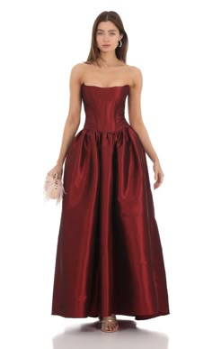 Strapless Corset Gown in Deep Red | LUCY IN THE SKY Party Gown With Ruched Bodice In Taffeta, Taffeta Gown With Ruched Bodice For Party, Fitted A-line Taffeta Gown, Red Satin Evening Dress With Pleated Bodice, Sleeveless Taffeta Gown With Pleated Bodice, Satin Full-length Gown With Pleated Bodice, Full Length Satin Gown With Pleated Bodice, Fitted Sleeveless Taffeta Gown, Red Carpet Satin Gown With Fitted Bodice