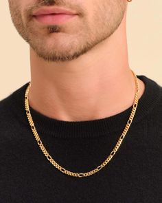 Introducing our men's 5mm Figaro Chain, bonded with 14k gold for a luxurious and durable finish. Our unique design features a pattern of five smaller links followed by one elongated link, offering a timeless and versatile accessory that adds sophistication to any outfit. Mens Bracelet Gold Jewelry, Mens Bracelet Gold, Ice Necklace, Gold Necklace For Men, Gold Chain Design, Gold Bond, Gold Chains For Men, Black Beaded Jewelry, Mens Chain Necklace