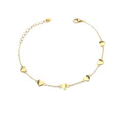 Add a touch of romance with our Gold Heart Station Bracelet, featuring dainty heart charms delicately spaced along a sleek gold chain. This charming piece combines timeless elegance with modern simplicity, perfect for any occasion. Elevate your accessory collection with this versatile and sweet bracelet, designed to bring a lovely detail to your ensemble. Made with 100% recycled Sterling Silver base with a thick layer of high quality 14k gold plating ensuring lasting quality.  This product is wa Elegant Delicate Chain Bracelet For Valentine's Day, Elegant Heart Bracelet For Valentine's Day With Delicate Chain, Elegant Valentine's Day Heart Bracelet With Delicate Chain, Elegant Chain Bracelet With Heart Pendant, Elegant Chain Bracelet With Heart Pendant And Adjustable Chain, Elegant Chain Bracelet With Adjustable Heart Pendant, Elegant Wedding Chain Bracelet With Heart Charm, Elegant Heart Pendant Bracelet With Adjustable Chain, Elegant Bracelets With Heart Pendant And Adjustable Chain