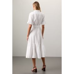 White (100% Linen) Casual Dress. Collared. Short Sleeve. Front button closure. Shoulder to hemline length: 50". Imported. Elegant Fitted Shirt Dress With Pleated Hem, Fitted Linen Collared Midi Dress, Elegant Linen Shirt Dress For Formal Occasions, Fitted Summer Office Maxi Dress, Fitted Linen Midi Dress With Collar, Chic Midi-length Shirt Dress With Pleated Hem, Fitted Maxi Dress For Office In Summer, Fitted Maxi Dress For Summer Office Wear, Classic White Dress With Placket