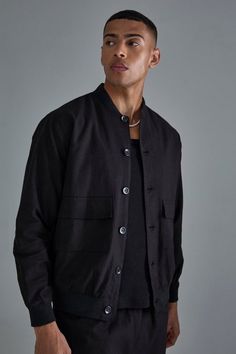 Linen Mix Smart Oversized Cargo Bomber Jacket | boohooMAN USA Formal Black Outerwear With Buttoned Pockets, Classic Black Outerwear With Buttoned Pockets, Black Outerwear With Buttoned Pockets For Work, Black Workwear Outerwear With Buttoned Pockets, Workwear Outerwear With Buttoned Pockets And Stand Collar, Stand Collar Outerwear With Buttoned Pockets For Work, Classic Black Utility Jacket For Work, Black Streetwear Outerwear With Button Cuffs, Urban Outerwear With Stand Collar For Work